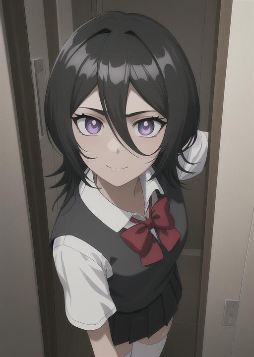 01289-1477564623-vslinx_rukia, ((dark grey school uniform with red bowtie)), small breasts, ((white thighhighs)), dark grey skirt, school hallway.png